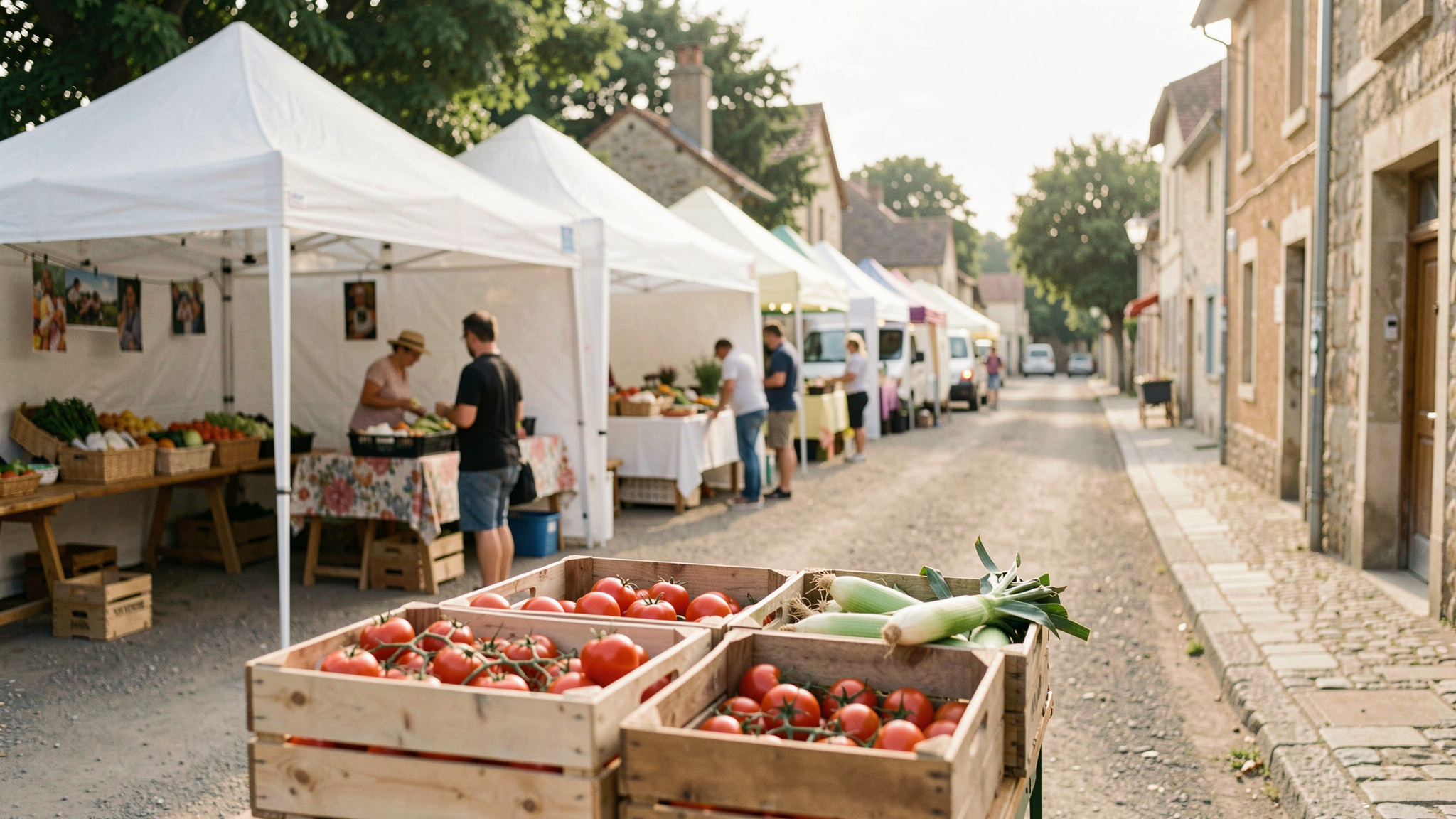 A row of white vendor tents along a village main street on a Sunday morning, wooden crates of tomatoes and corn in the foreground, soft summer light, medium shot from eye level.