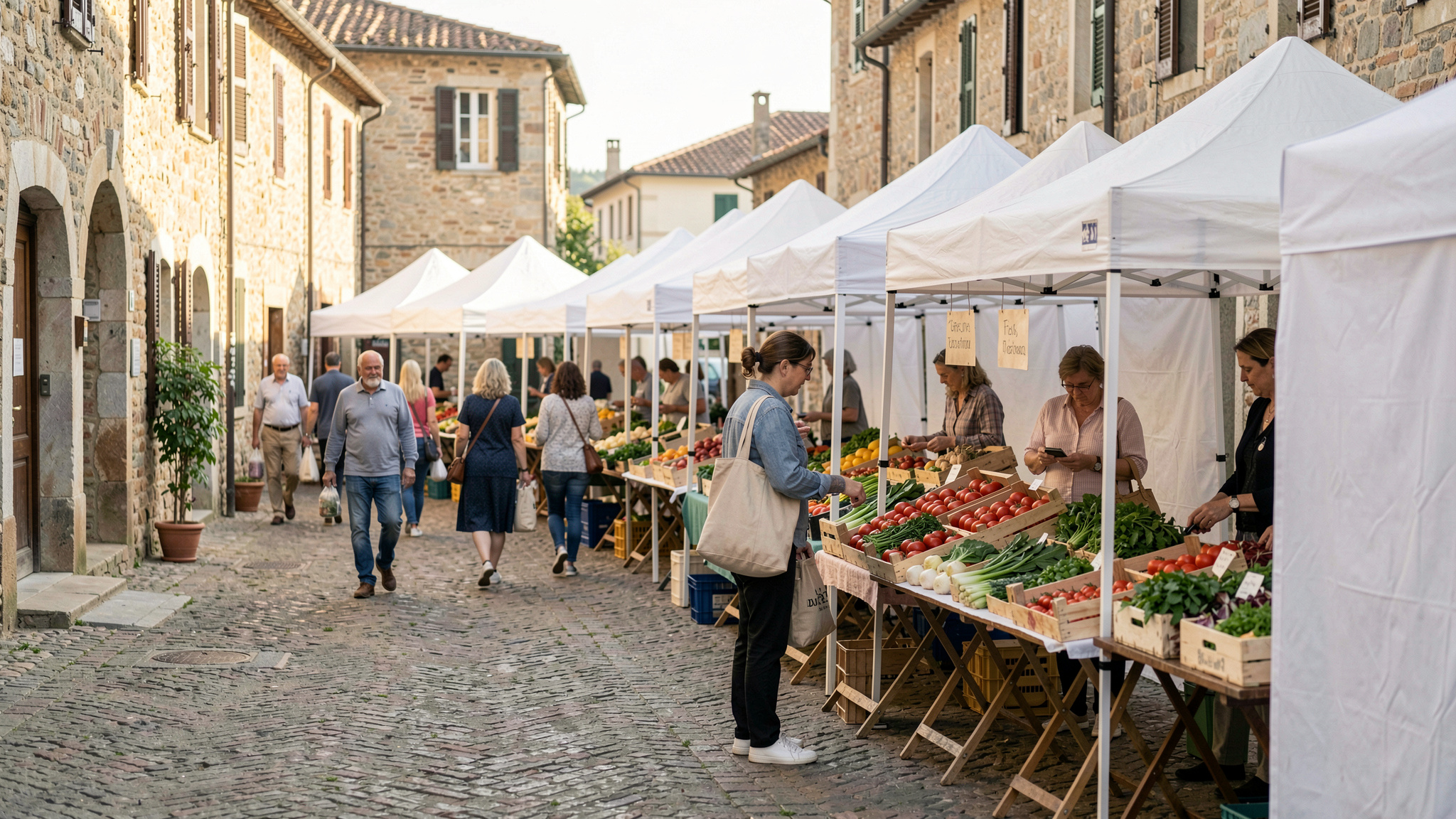 A row of white vendor tents pitched along a village main street on a Sunday morning, wooden crates of tomatoes and greens on folding tables, shoppers with canvas bags walking between stands, soft early light from the left, wide shot down the lane.