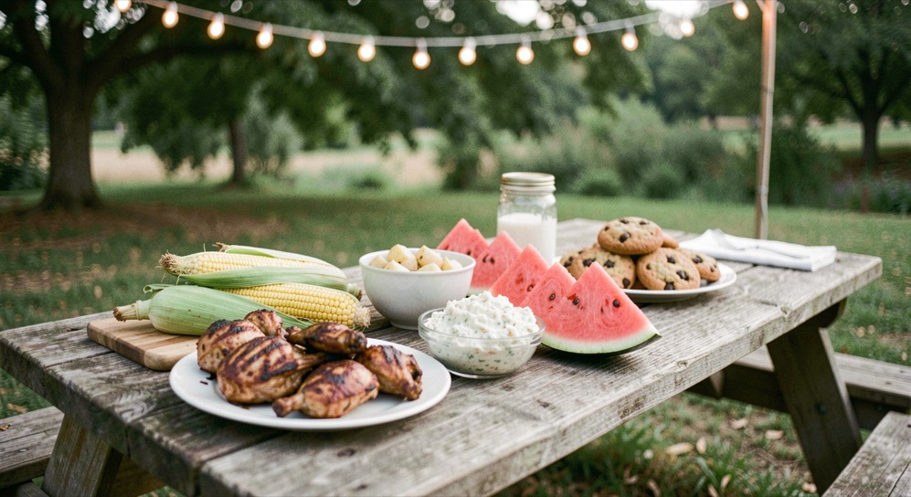 A wooden kitchen table in York County, Pennsylvania, in late morning window light, with a sliced loaf of bread on a board, a carton of eggs open beside it, and a frozen vegetable bag lying flat, shot from a slight angle above.